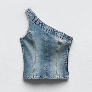 Zara One Shoulder Asymmetrical Denim Corset Crop Top Y2K Grunge Western XL